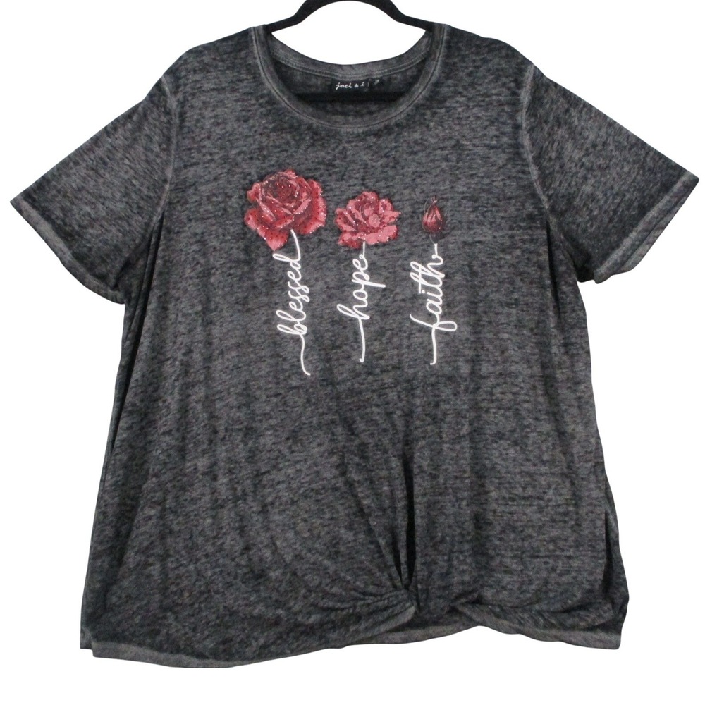 Joei & i Womens 3X Gray Space Dye Blessed Hope Faith Rose Graphic Knot Front Tee